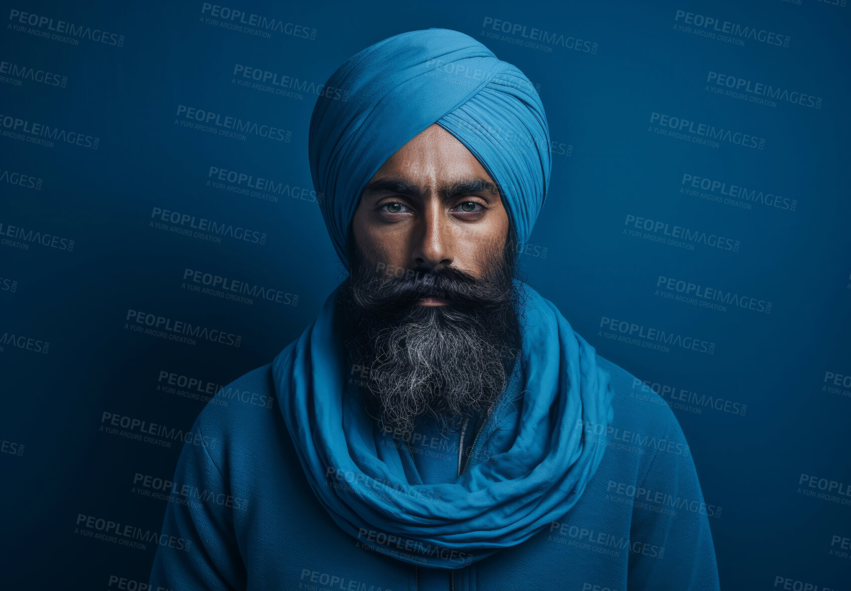 Buy stock photo Sikh Indian man wearing traditional blue turban. Studio portrait. Religion concept.
