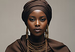 African American woman. Studio portrait. Wearing traditional attire. Religion concept.
