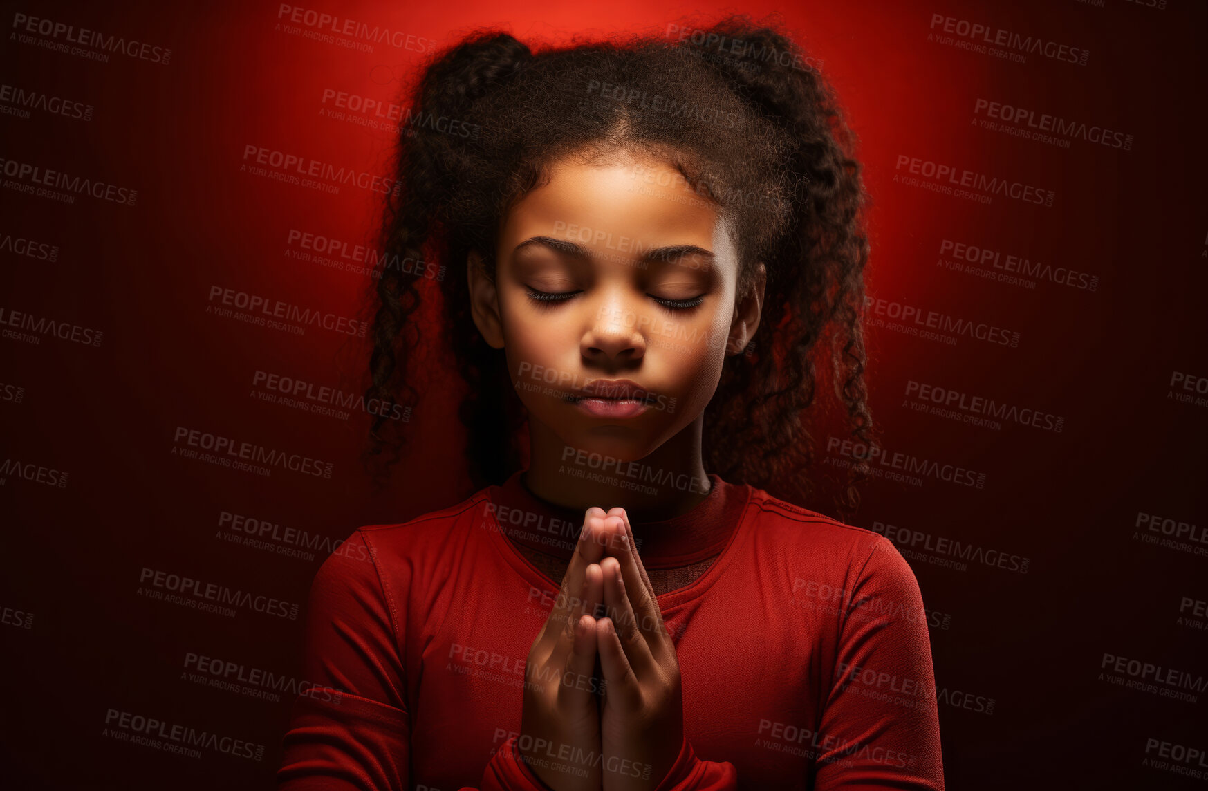 Buy stock photo African American child praying. Studio portrait. Red backdrop. Religion concept.