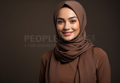 Buy stock photo Studio portrait of happy muslim woman against backdrop. Religion concept.