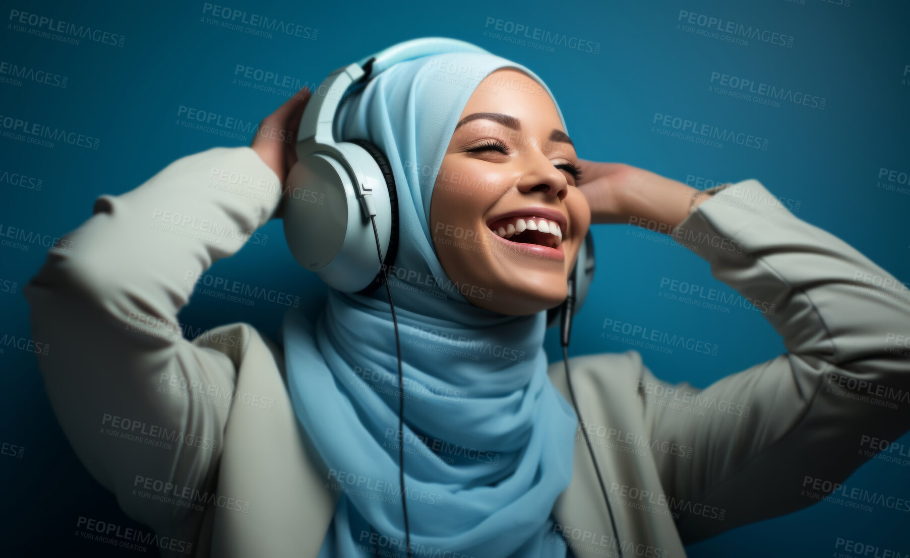 Buy stock photo Happy muslim girl wearing headphones in studio portrait. Religion concept.