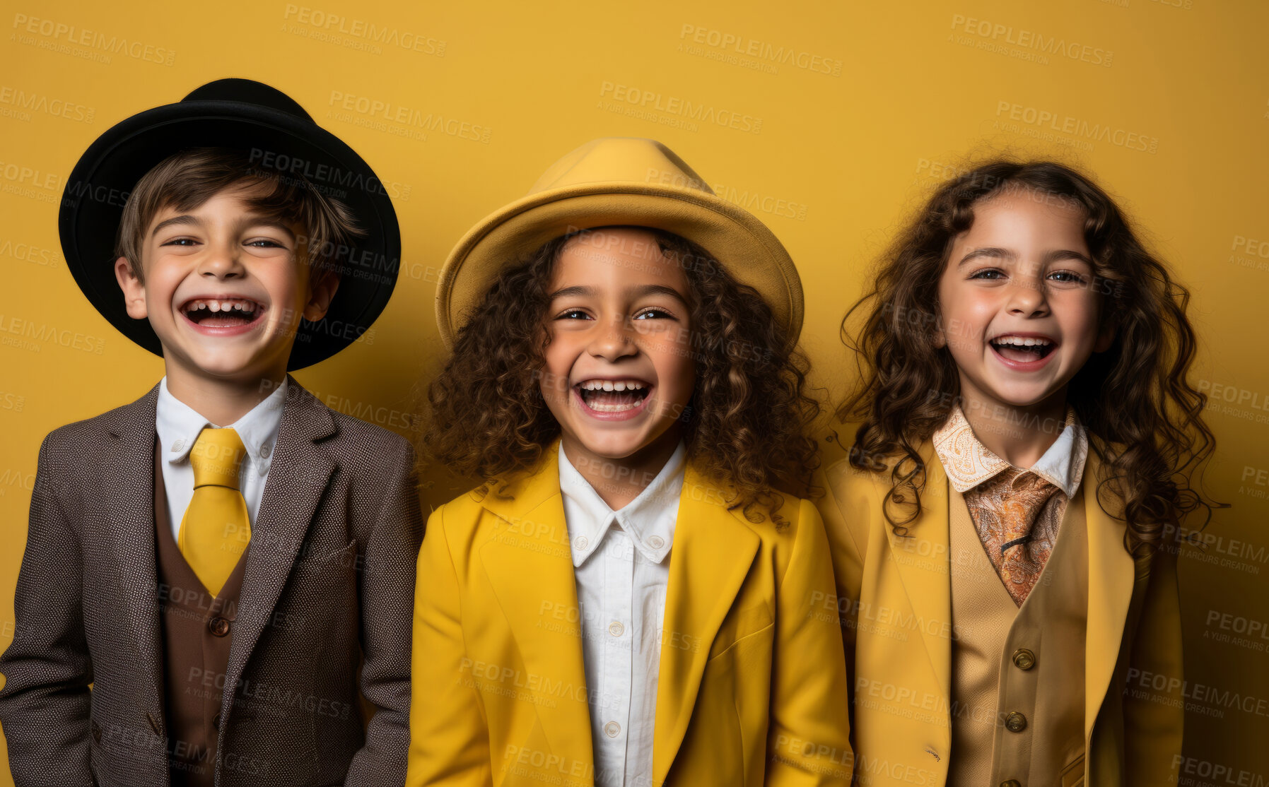 Buy stock photo Studio portrait of three cute jewish kids. Against yellow backdrop. religion concept.