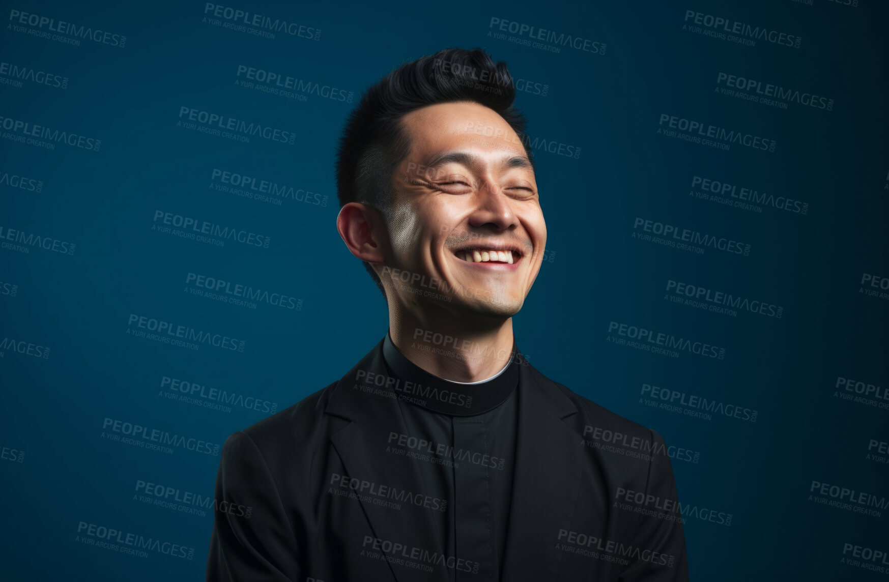 Buy stock photo Side portrait of asian priest smiling eyes closed. Against backdrop. Religion concept.