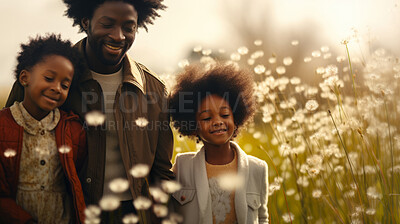 Buy stock photo Family in dandelion meadow together. Happy dad with children on freedom adventure