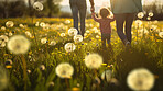 Family in dandelion meadow together. Happy parents with child on freedom adventure