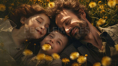 Buy stock photo Family in dandelion meadow together. Happy dad with children on freedom adventure