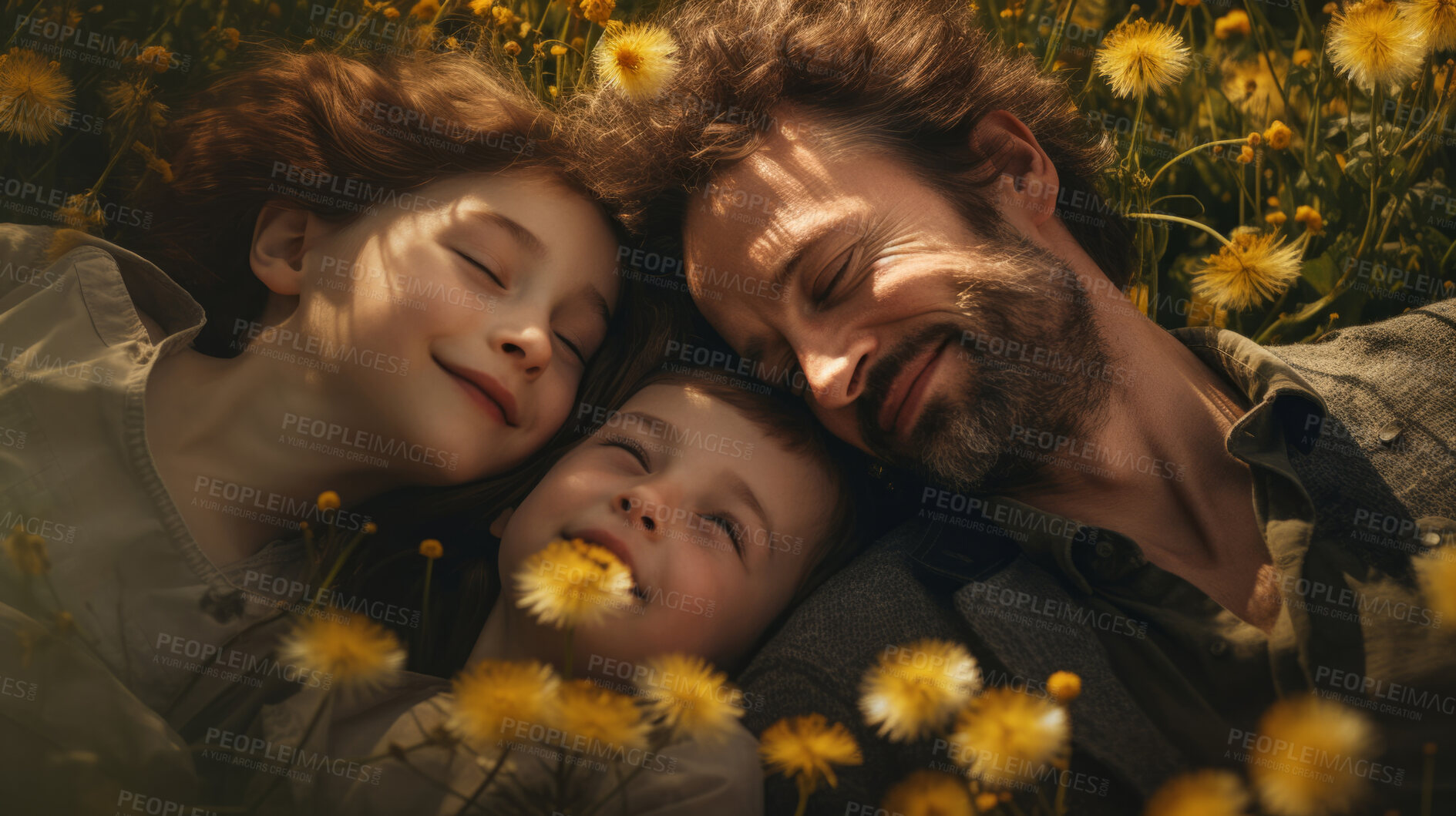 Buy stock photo Family in dandelion meadow together. Happy dad with children on freedom adventure