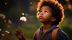 Boy with dandelions in a sunny flower meadow. Seasonal outdoor activities for children