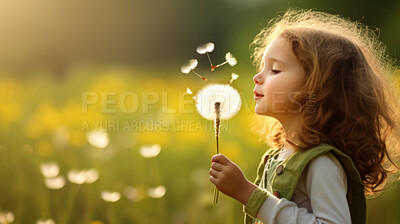 Buy stock photo Girl with dandelions in a sunny flower meadow. Seasonal outdoor activities for children