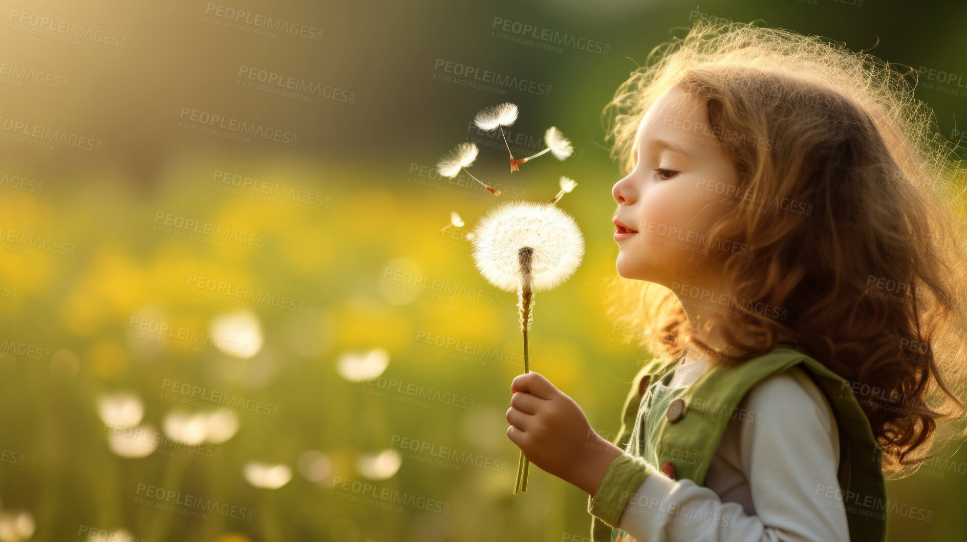 Buy stock photo Girl with dandelions in a sunny flower meadow. Seasonal outdoor activities for children