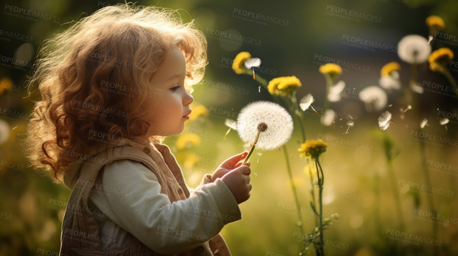 Buy stock photo Girl with dandelions in a sunny flower meadow. Seasonal outdoor activities for children