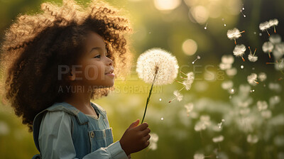 Buy stock photo Girl with dandelions in a sunny flower meadow. Seasonal outdoor activities for children