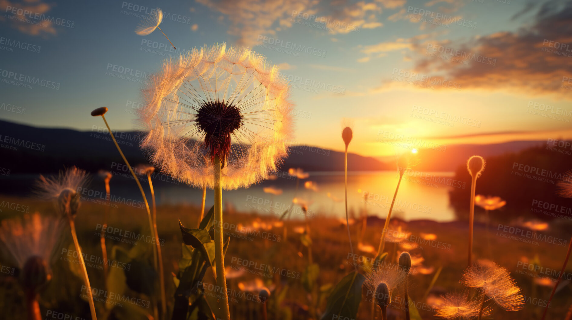 Buy stock photo Dandelion seeds blowing in the wind. Change, growth, movement and direction concept