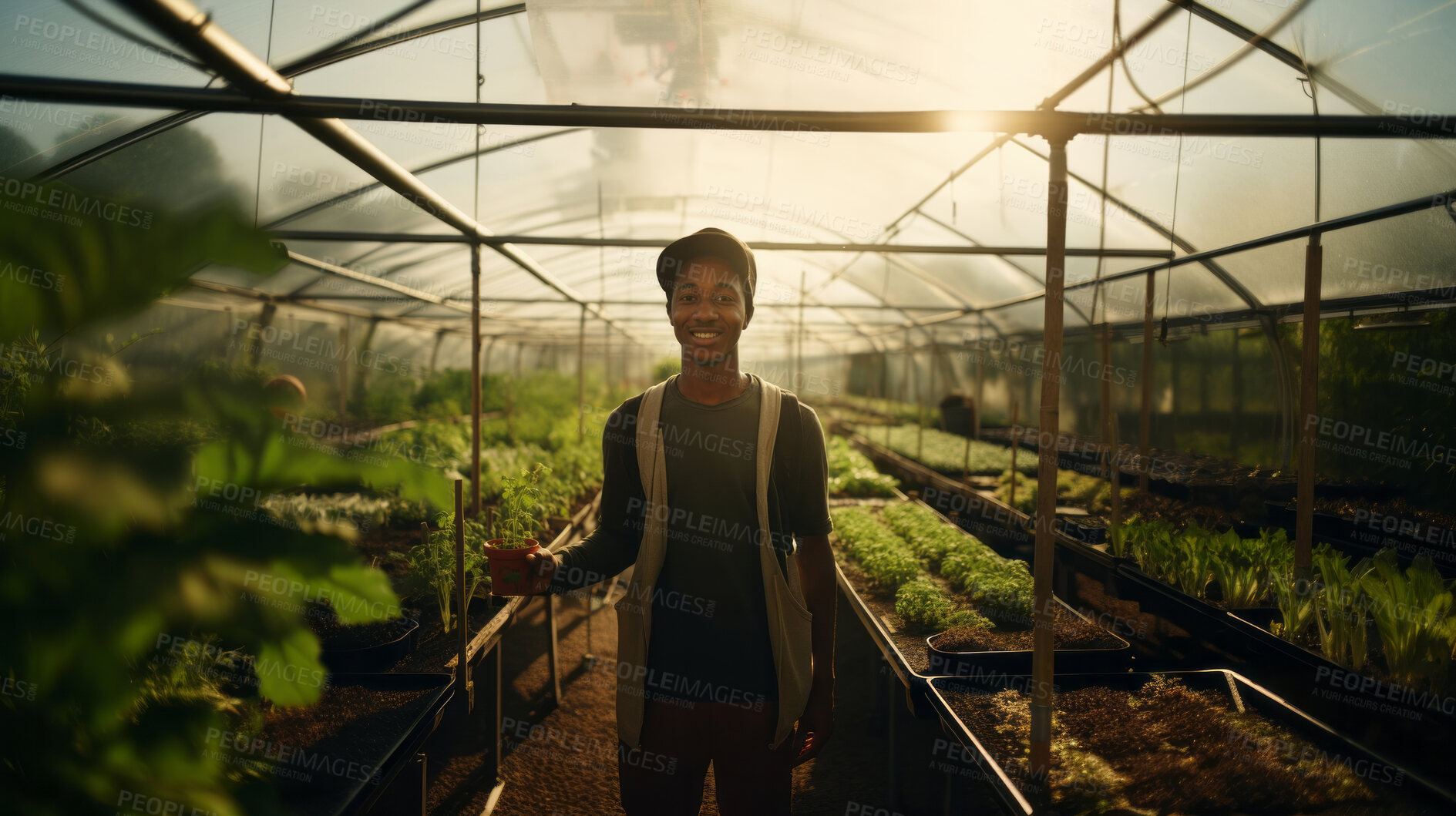 Buy stock photo Portrait of young african male farmer or small business owner at plant nursery