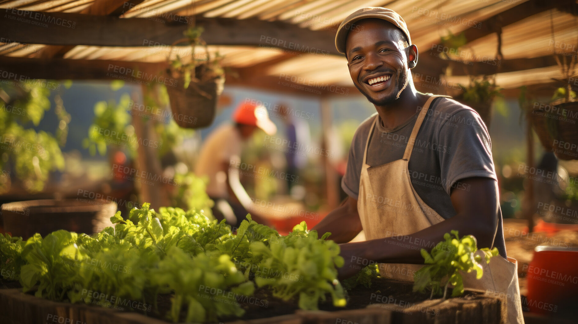 Buy stock photo Portrait of young african male farmer or small business owner at plant nursery