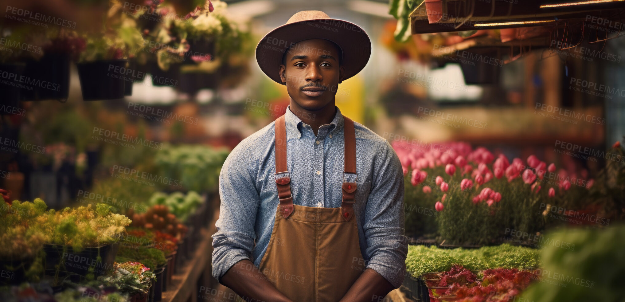 Buy stock photo Portrait of young african male farmer or small business owner at plant nursery