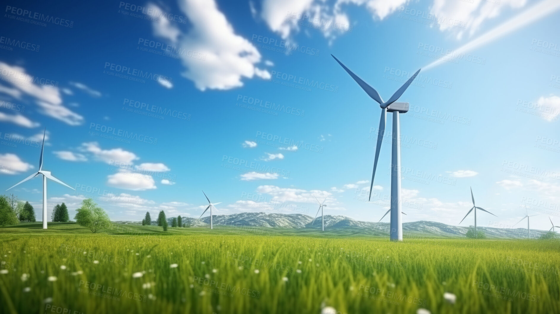 Buy stock photo Wind turbine in the field, Sunny Green Landscape. Sustainable clean energy concept