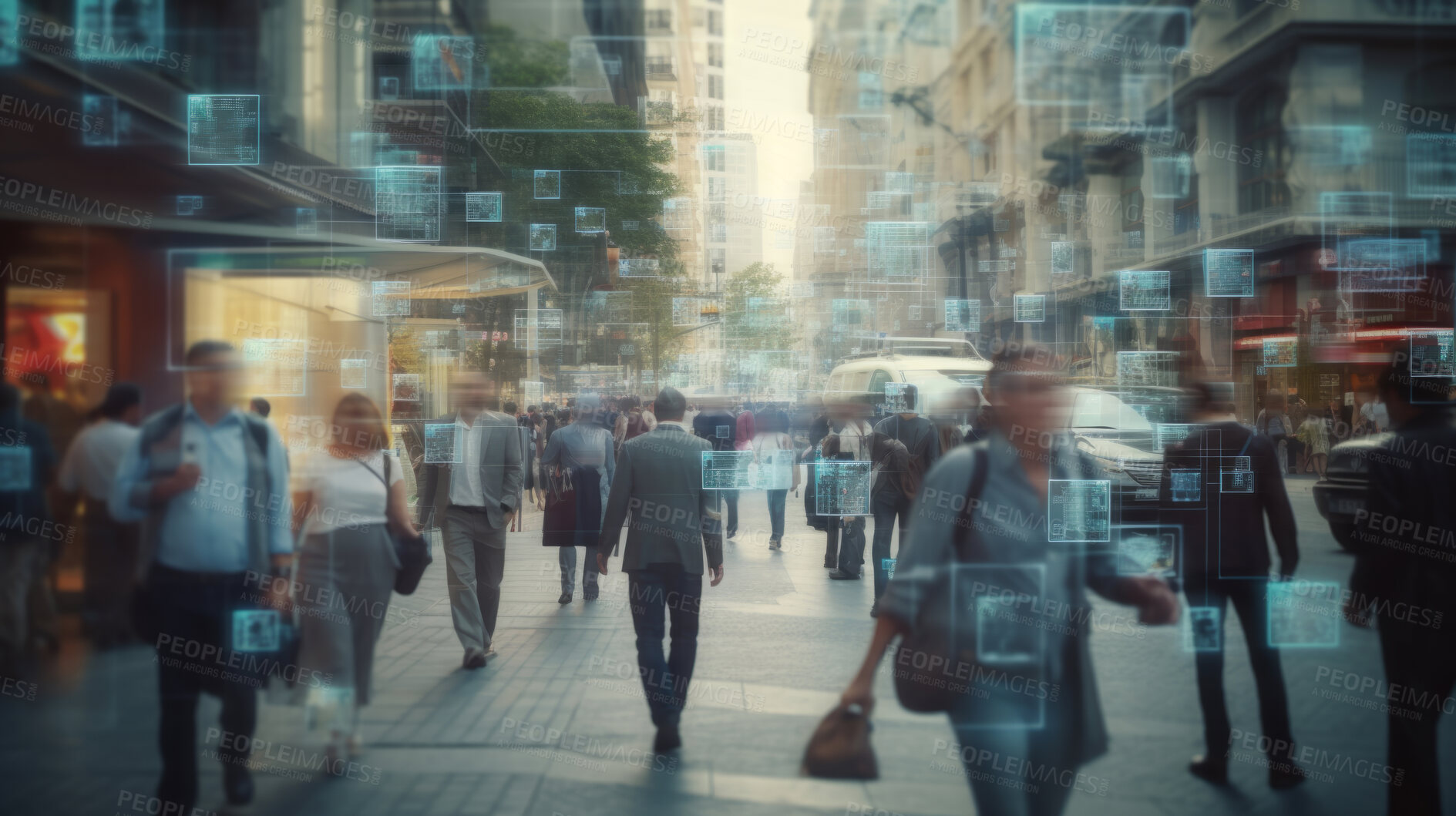 Buy stock photo Crowd tracking by surveillance camera. Facial recognition and personal identification