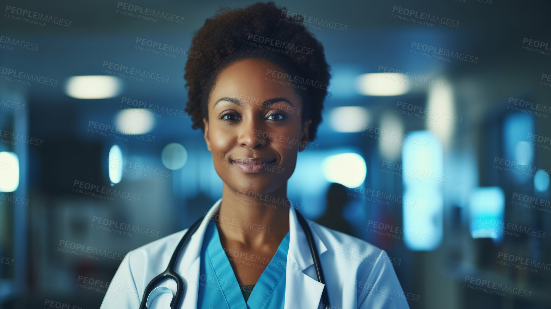Buy stock photo Portrait of female African American doctor standing in a hospital at night for night shift