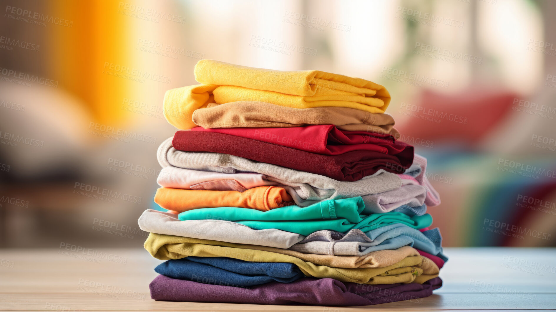 Buy stock photo Stack of colorful folded clothing items. Clean laundry copyspace background