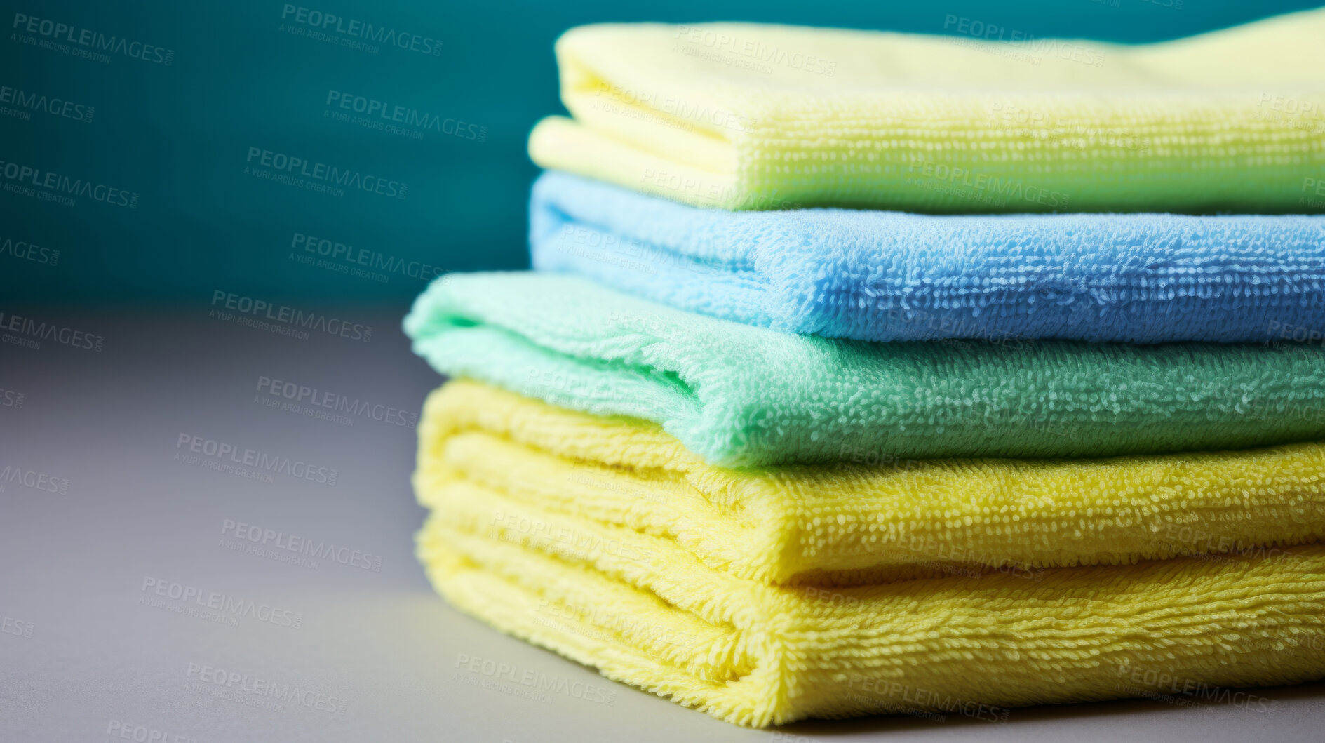 Buy stock photo Stack of colorful folded clothing items. Clean laundry copyspace background