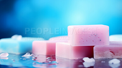 Buy stock photo Stack of soap on blue background. Clean home and body copyspace background