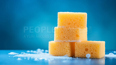 Buy stock photo Stack of yellow sponges. Clean home and kitchen copyspace background