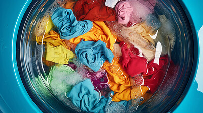 Buy stock photo Colorful clothes in washing machine. Clean clothes housekeeping concept