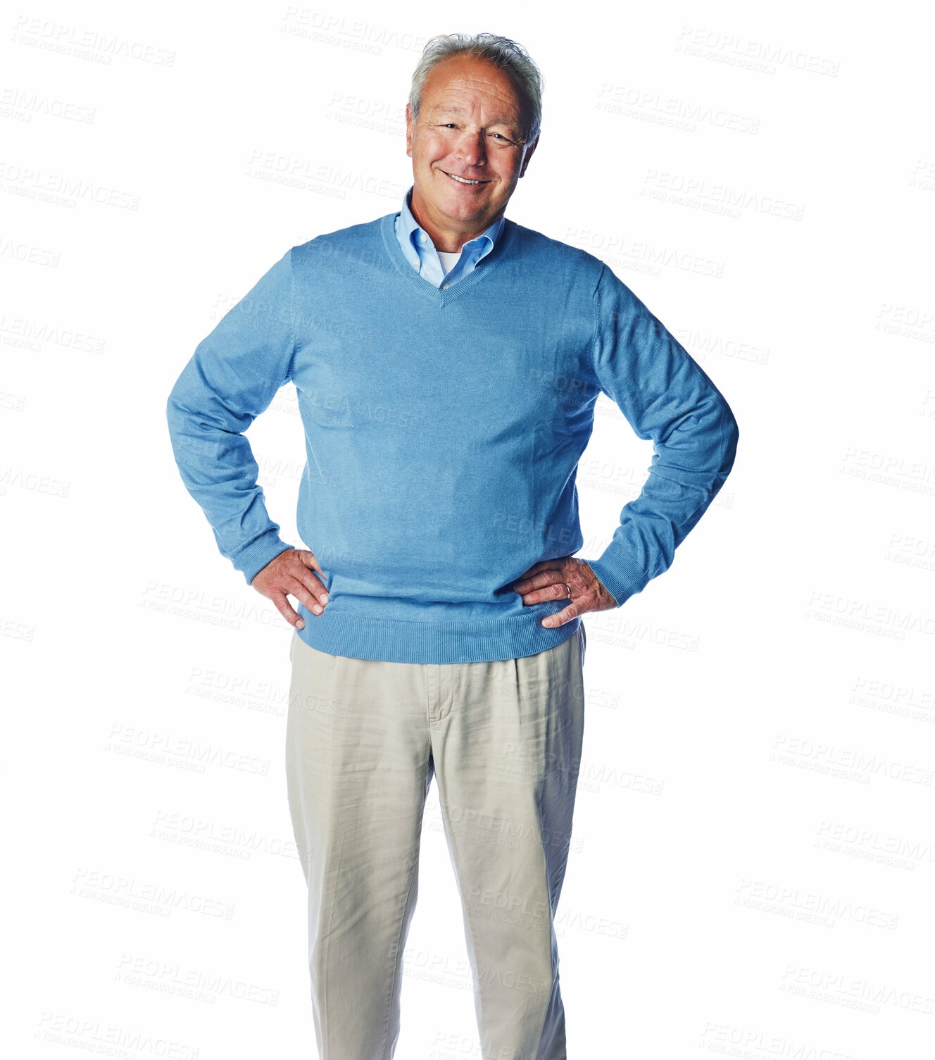 Buy stock photo Elderly man, happy in portrait and retirement, life insurance and smile with mockup isolated on white background. Pensioner, happiness with old man and positive mindset, vitality and wellness