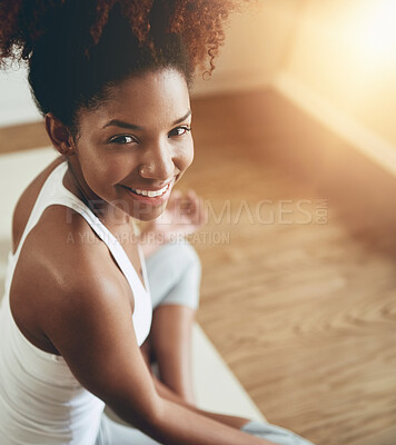 Buy stock photo Happy woman, meditation and portrait in yoga for spiritual wellness or healthy exercise at home. African female yogi in meditate, fitness or calm zen workout meditating on mat with smile for health
