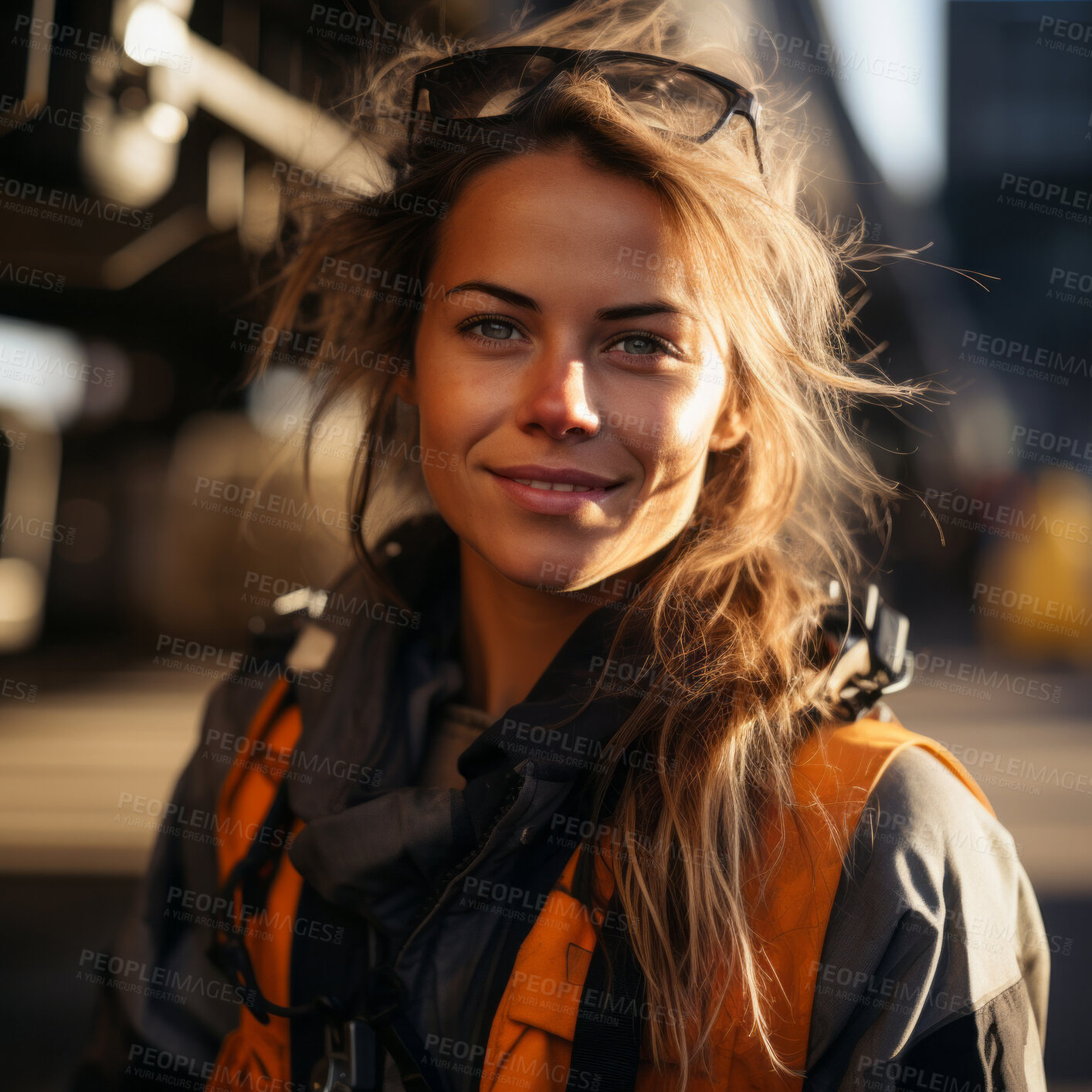 Buy stock photo Portrait of woman construction worker. Professional engineer or artisan. Female empowerment.