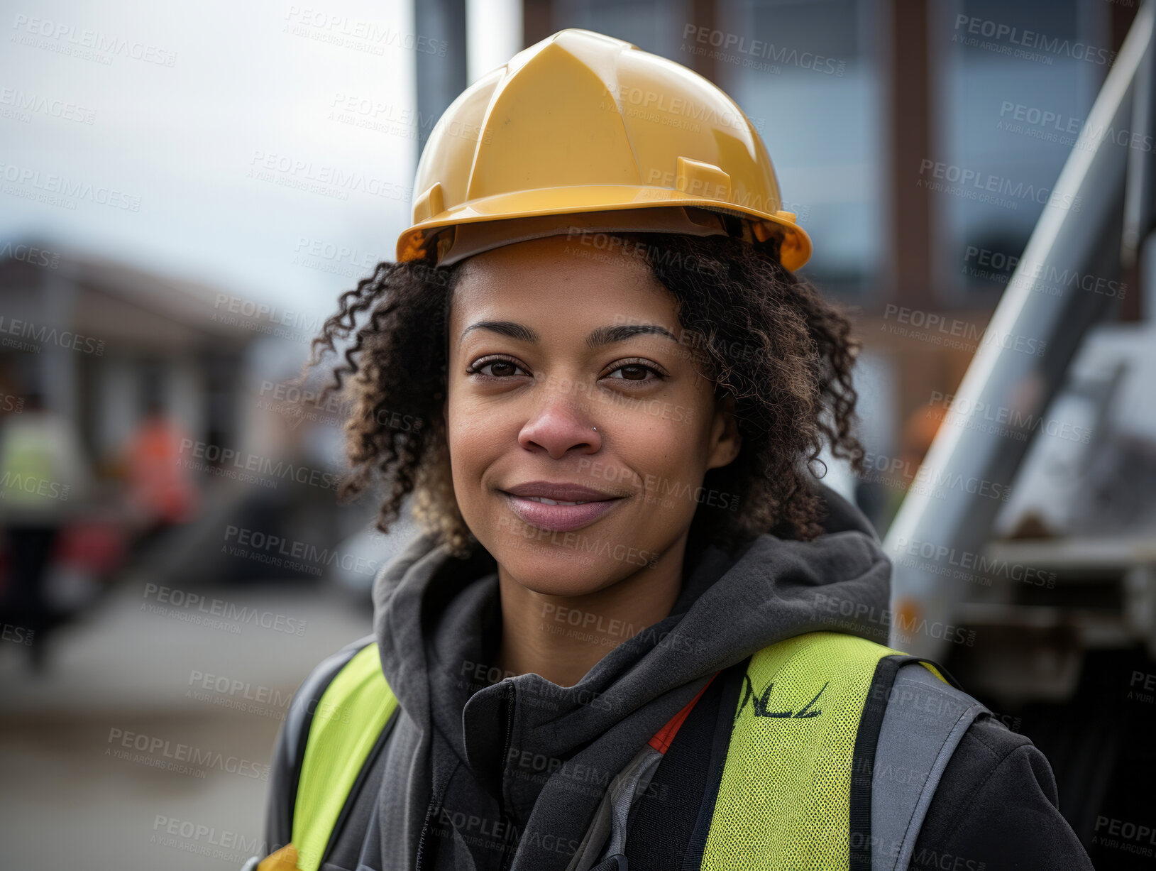 Buy stock photo Smiling construction Site professional woman. Standing on construction site.
