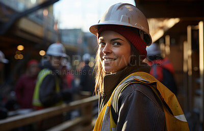 Buy stock photo Senior construction worker woman standing at building site. Empowerment concept.
