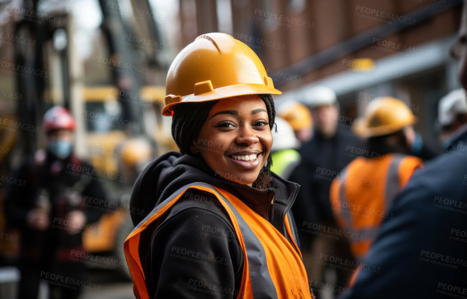 Buy stock photo Woman construction worker  standing at building site smiling. Empowerment concept.