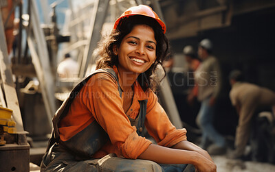 Buy stock photo Portrait of woman construction worker. Happy at work. Women in construction concept.