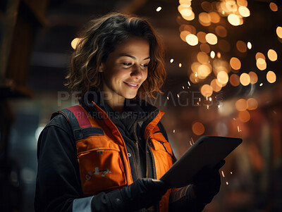 Buy stock photo Woman engineer interacting with technology in factory. Empowerment concept.