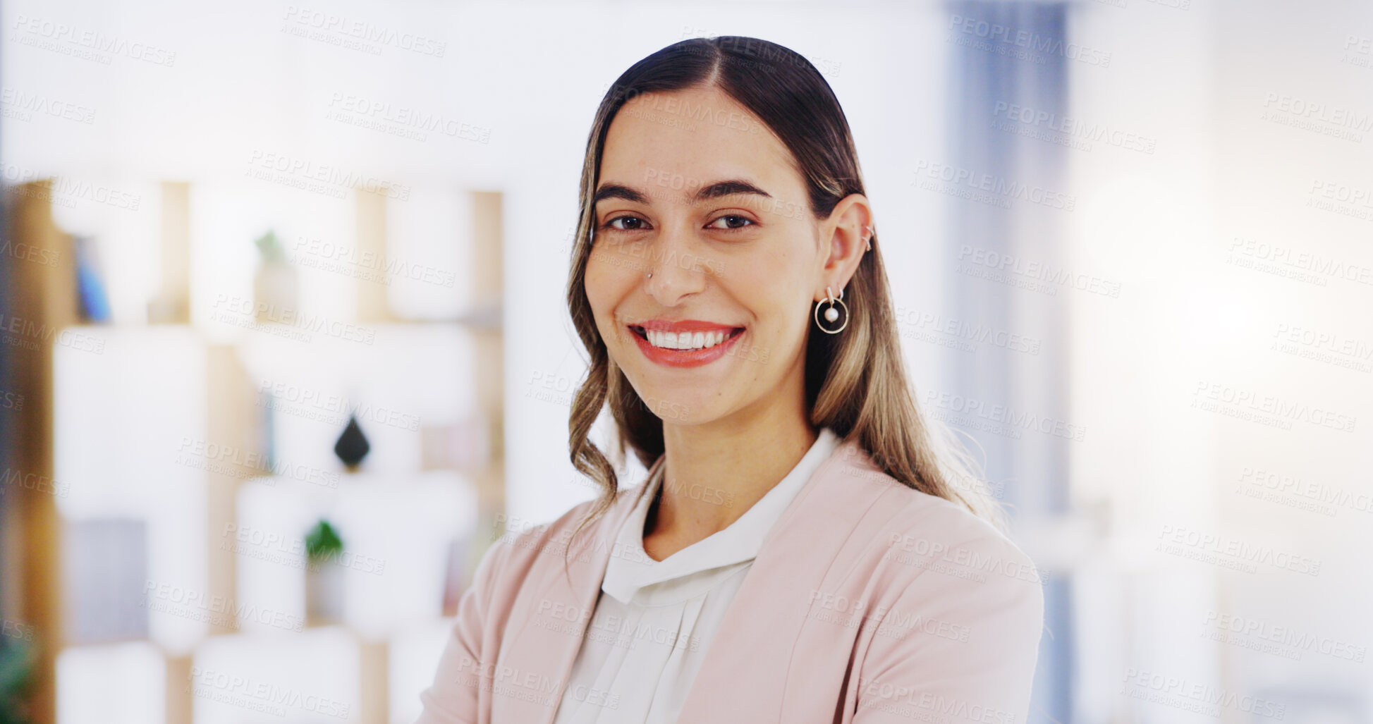 Buy stock photo Face, laughing and business woman in office with pride for career, job or occupation in corporate workplace. Portrait, funny or happy female entrepreneur, professional or confident person from Canada