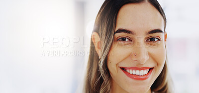 Buy stock photo Face, happiness and business woman in office with pride for career, job or occupation in corporate workplace. Portrait, smile and female entrepreneur, professional or confident person from Greece.