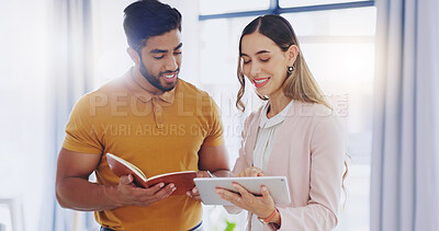 Buy stock photo Business man, woman and tablet for discussion with notebook, talking and teamwork for planning strategy. Businessman, partnership and reading notes for goals, ideas or brainstorming at startup office