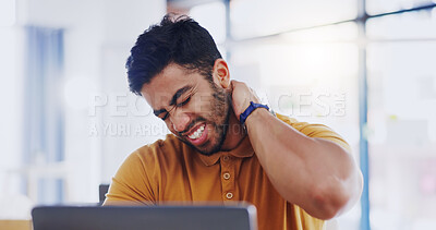 Buy stock photo Laptop, neck pain and business man with injury in office workplace while working alone. Spine problem, arthritis and professional person with fibromyalgia, scoliosis or burnout, tired or backache.