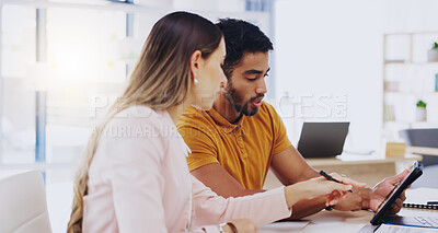 Buy stock photo Planning, tablet and teamwork of business people, discussion or brainstorming in office workplace. Technology, collaboration and cooperation of man and woman pointing, online research and strategy.
