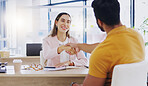 Laughing, business people and handshake for partnership, deal or introduction in workplace. Funny, man and woman shaking hands for agreement, b2b or onboarding, congratulations or welcome to company.