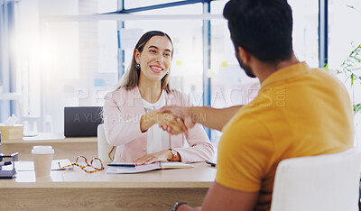 Buy stock photo Laughing, business people and handshake for partnership, deal or introduction in workplace. Funny, man and woman shaking hands for agreement, b2b or onboarding, congratulations or welcome to company.