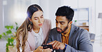 Business people, phone and teamwork in office to scroll, research and discussion. Cellphone, collaboration and employees or friends, man and woman planning, online browsing and social media together.