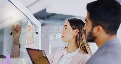 Buy stock photo Business people, teamwork and planning notes on glass in strategy meeting, feedback or collaboration. Man, woman and brainstorming project ideas, timeline process or calendar schedule of target goals
