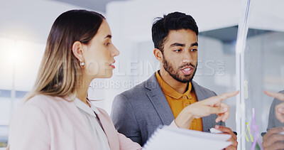Business people, teamwork and brainstorming at window for agenda, feedback notes or target process in office. Man, woman and employees planning project ideas, timeline strategy or schedule of mindmap