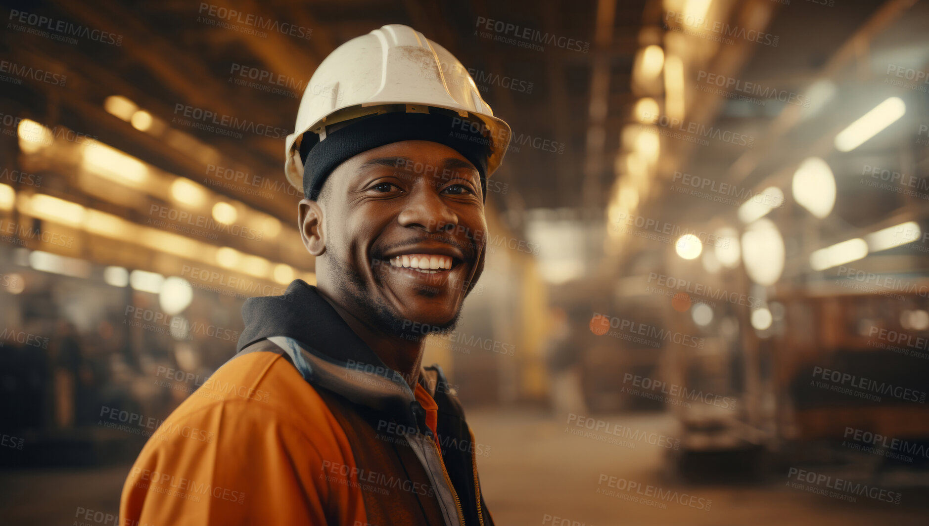 Buy stock photo Happy, smiling construction industry professional wearing uniform in factory.