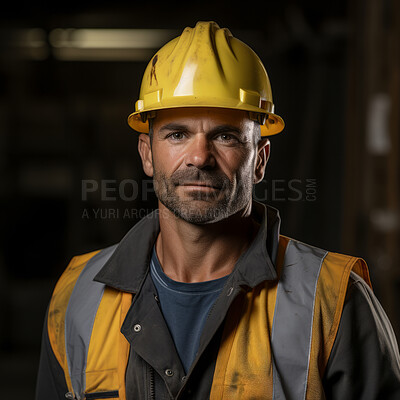 Buy stock photo Portrait of construction worker against black backdrop.
Construction concept.