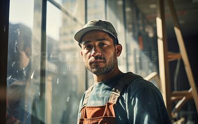 Buy stock photo Candid shot of worker at work on construction site. Natural expression.