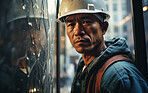 Candid shot of worker on construction site. Natural, serious, expression.